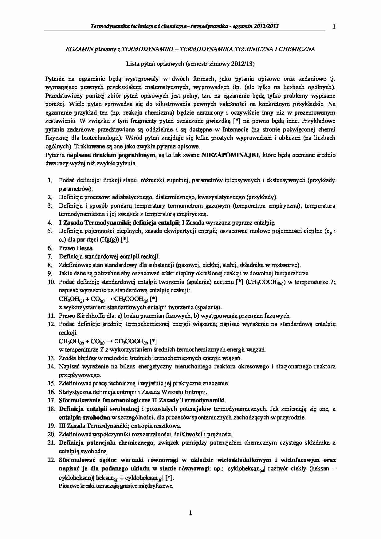 Pytania egzaminacyjne z termodynamiki - strona 1