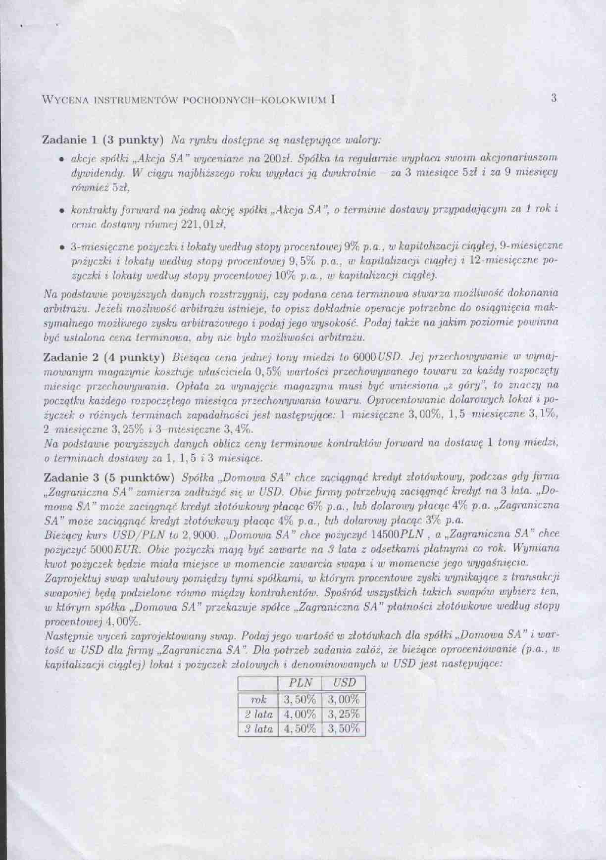 Wycena Instrumentów Pochodnych, Lipiec, kolokwium - strona 1
