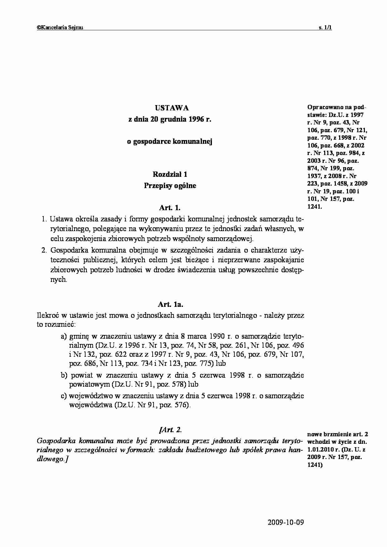 Ustawa o gospodarce komunalnej - omówienie  - strona 1