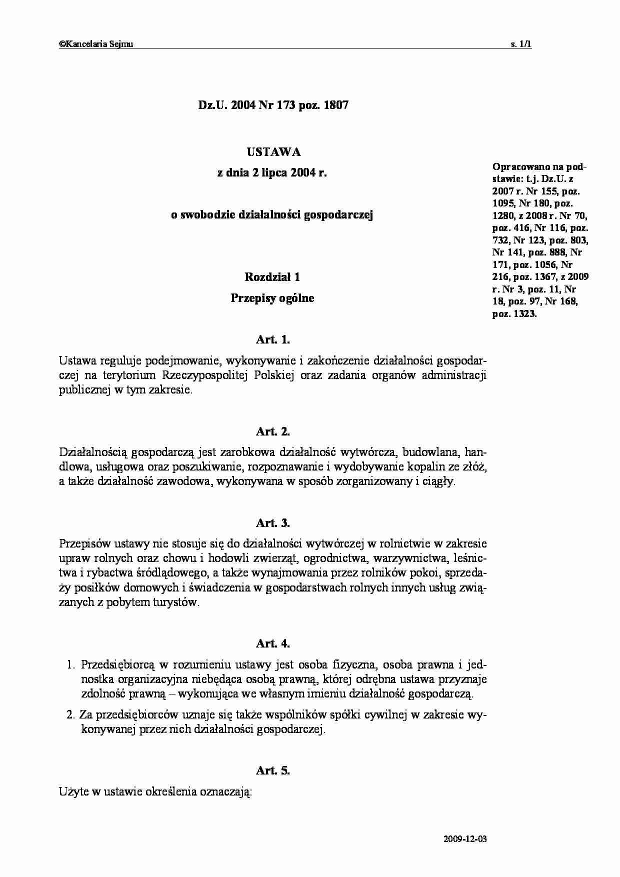 Ustawa o swobodzie dzialalnosci gospodarczej - strona 1