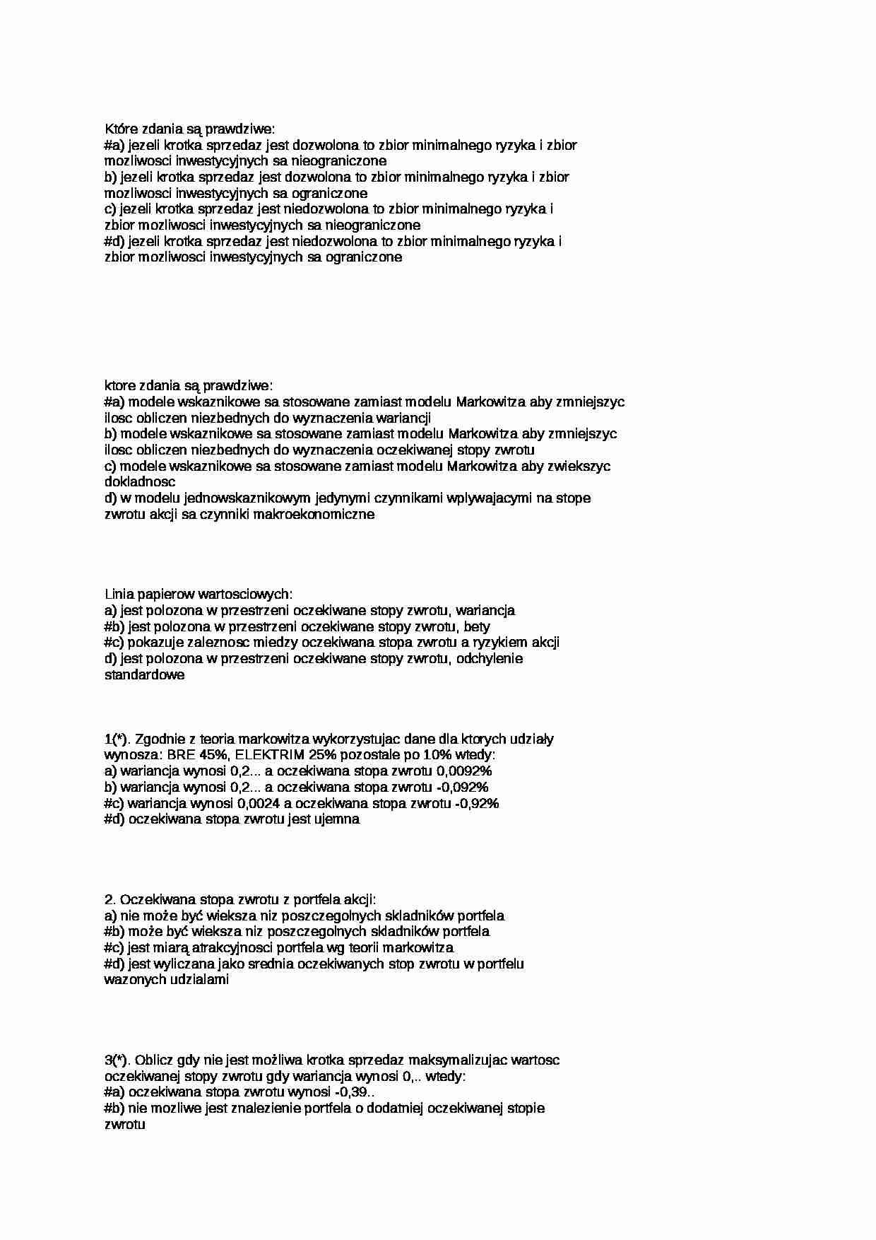 Zarządzanie portfelem inwestycyjnym, Grotowski, egzamin, testy - strona 1