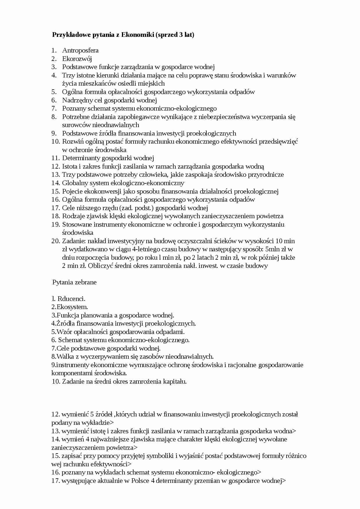 Przykładowe pytania z ekonomiki  - strona 1