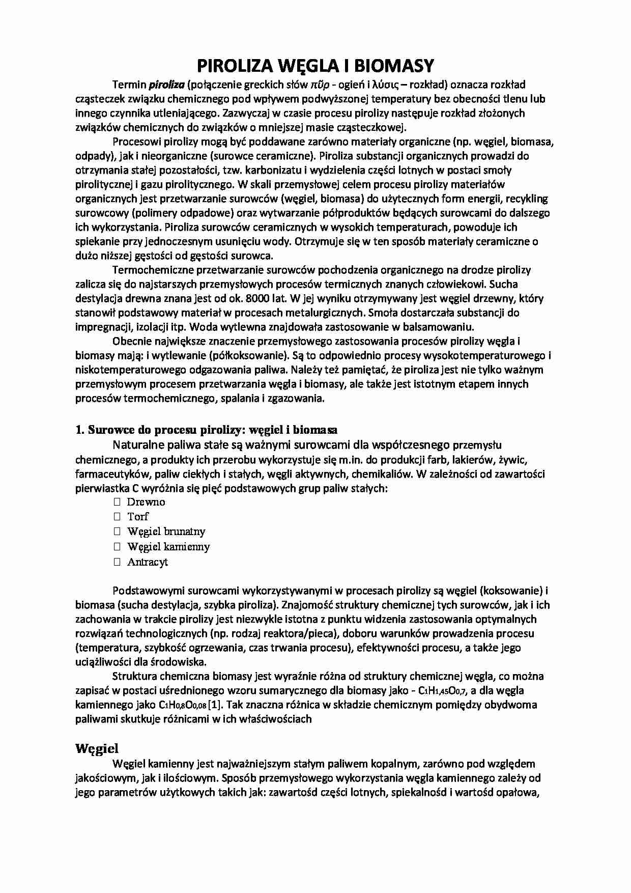 Piroliza węgla i biomasy-opracowanie - strona 1