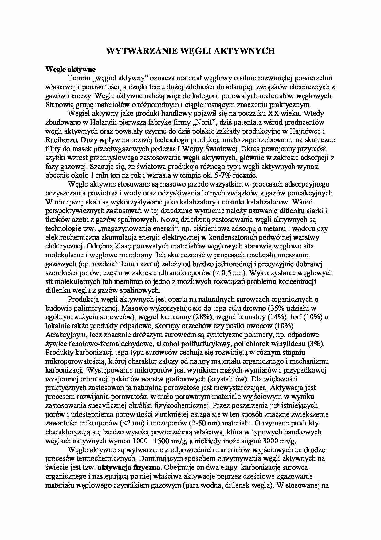 Wytwarzanie węgli aktywnych-opracowanie - strona 1