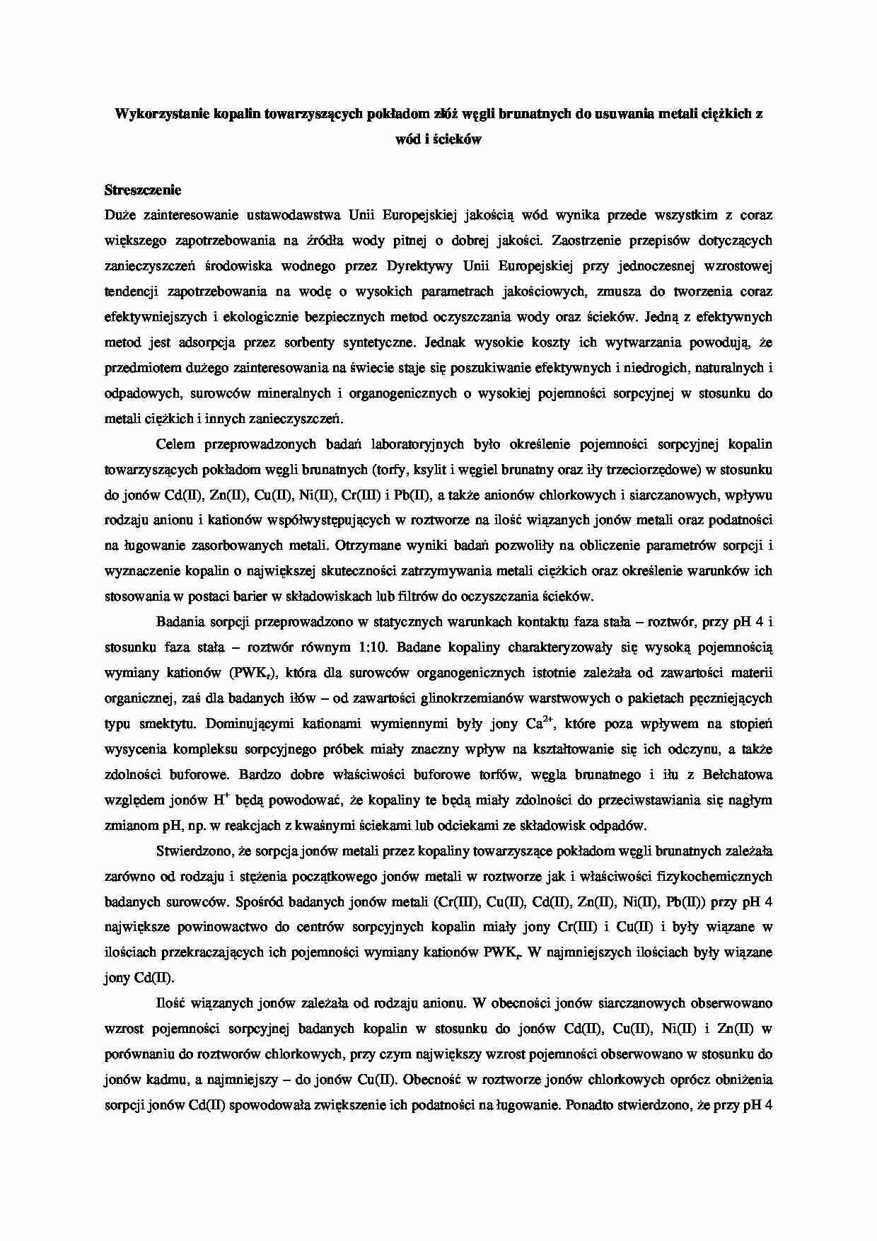 Kopalin towarzyszące złożom węgla do oczyszczania wód z metali ciężkich-opracowanie - strona 1