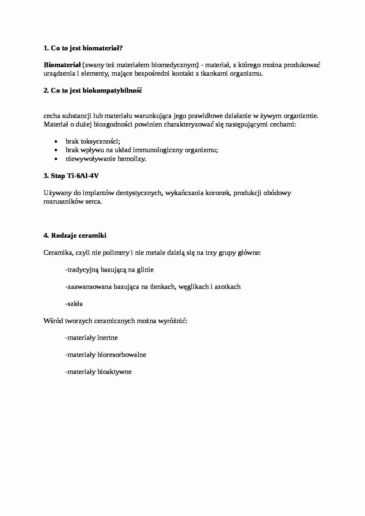 Biomateriały-opracowanie zagadnień - strona 1