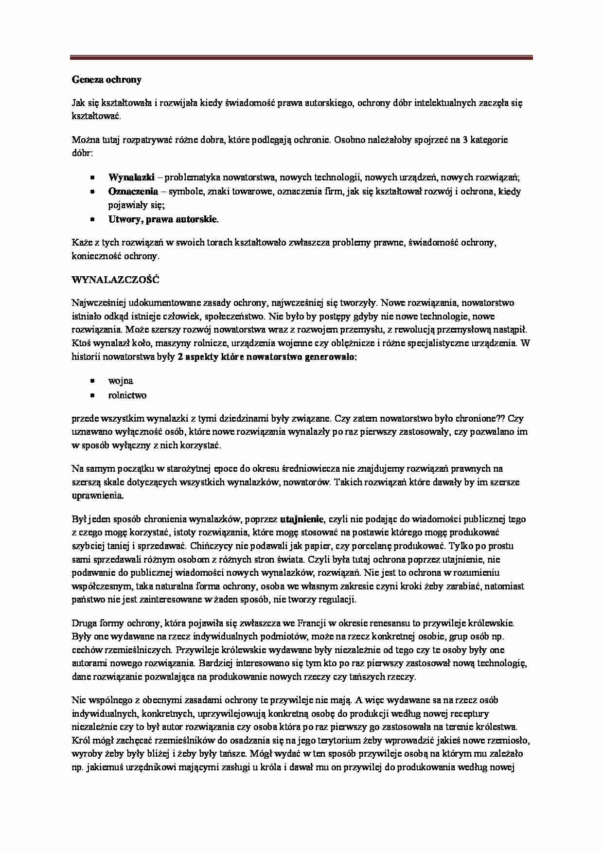 Geneza własności intelektualnej, systemy ochrony własności intelektualnej-opracowanie - strona 1