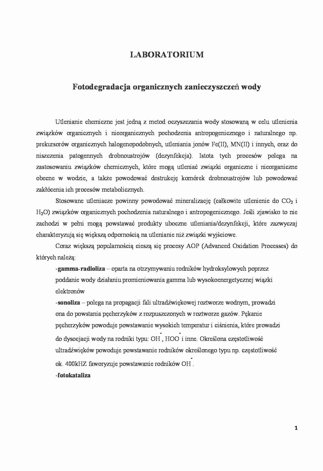 Fotodegradacja organicznych zanieczyszczeń wody-opracowanie - strona 1