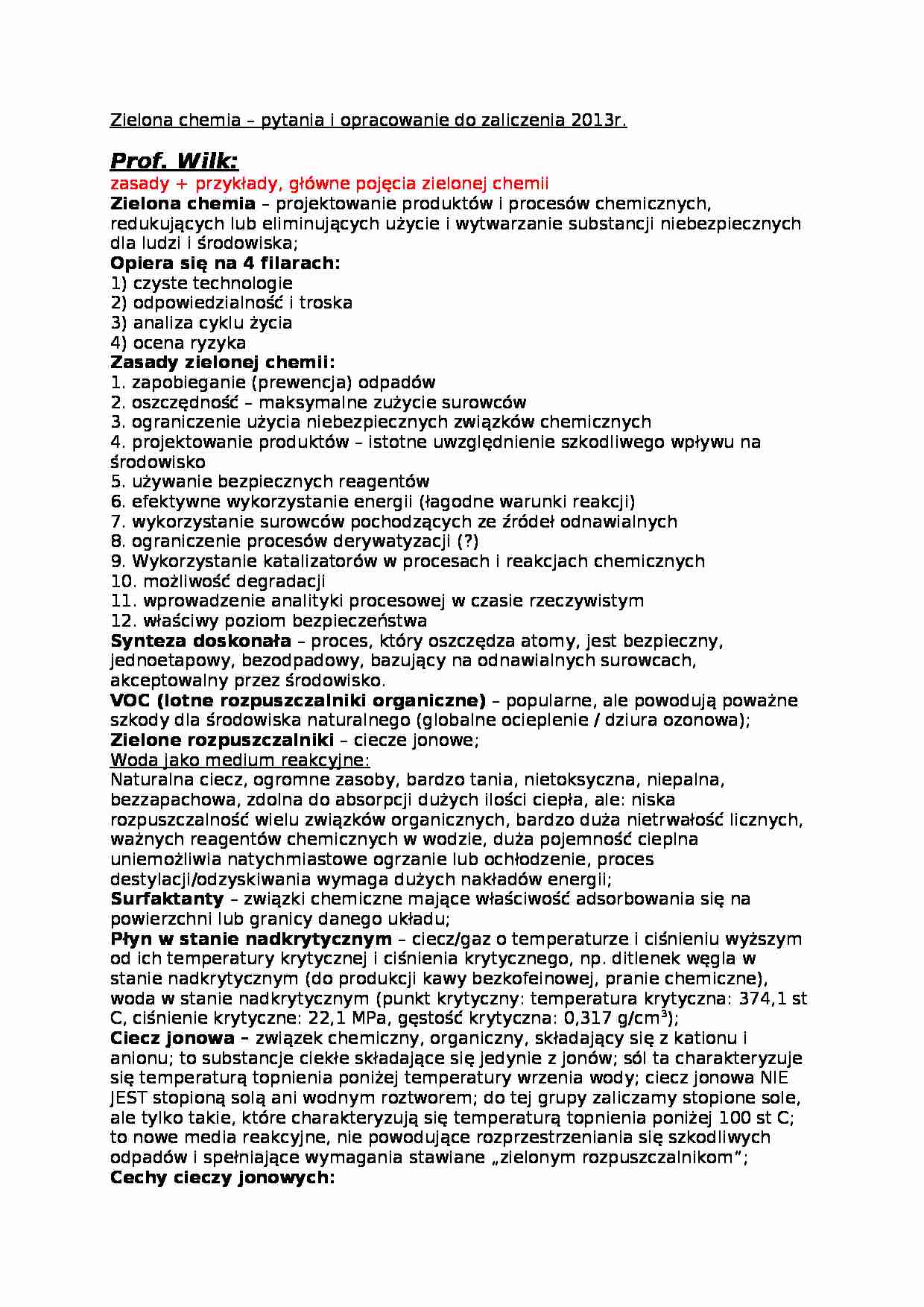 Zielona chemia - pytania i opracowanie do zaliczenia  - strona 1