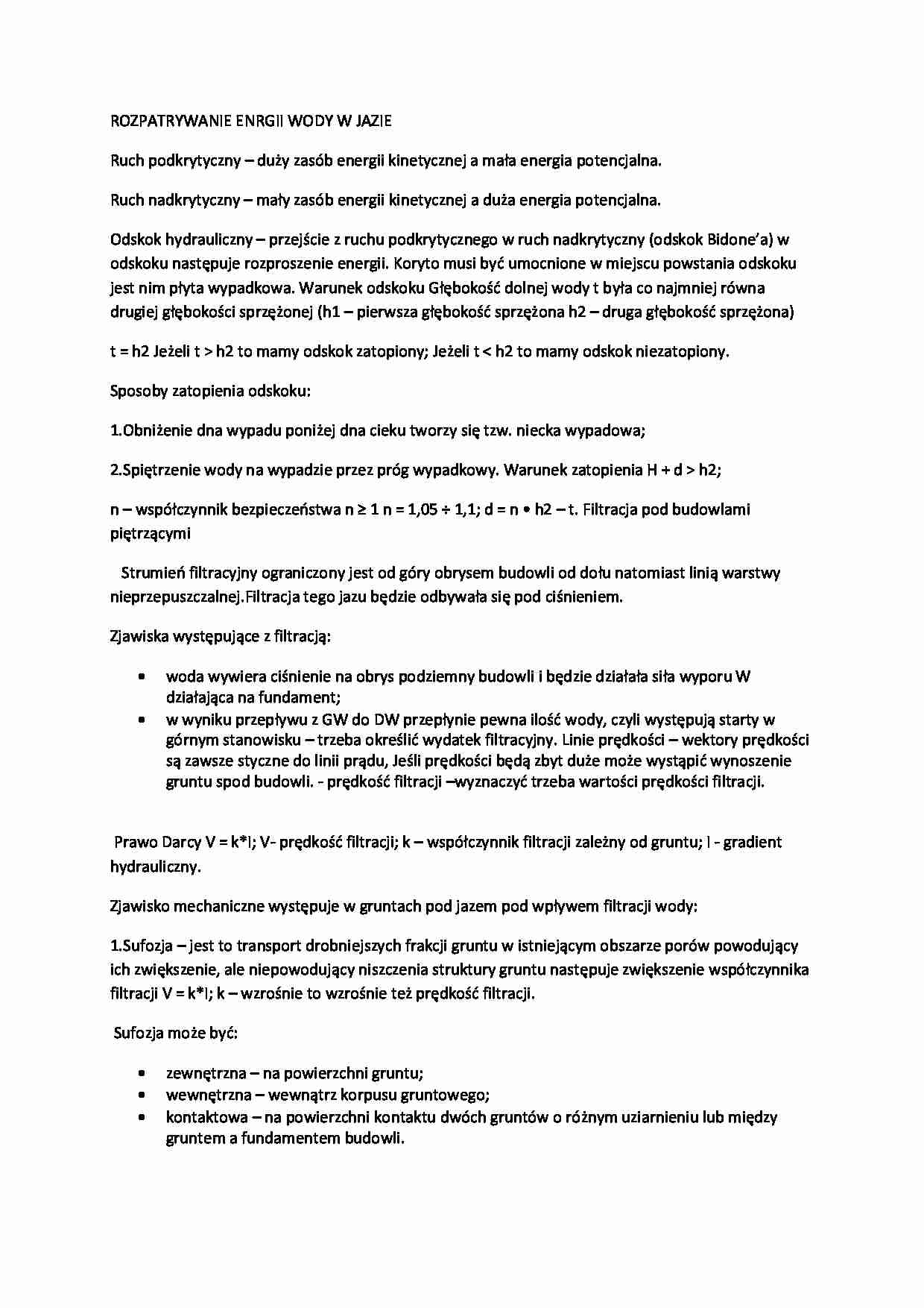 Rozpatrywanie energii wody w jazie - opracowanie - strona 1