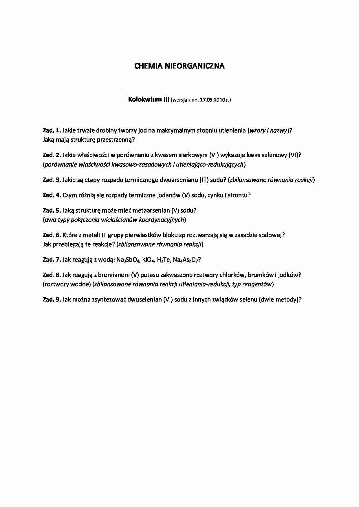 Chemia nieorganiczna - kolokwium III - treści zadań - strona 1