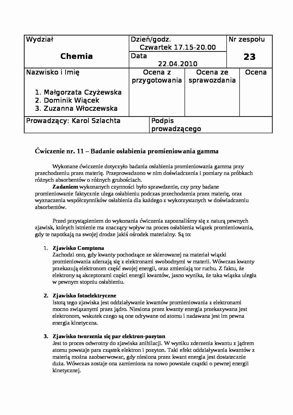 Promieniowanie gamma - ćwiczenia - strona 1