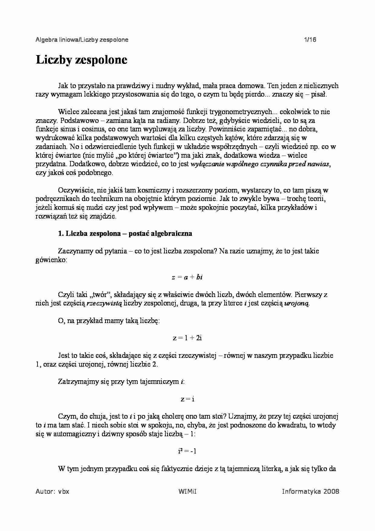 Liczby zespolone - wykład - strona 1