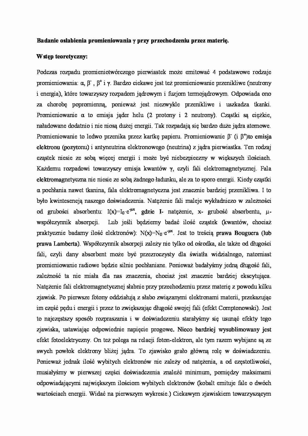 Badanie osłabienia promieniowania γ przy przechodzeniu przez materię. - strona 1