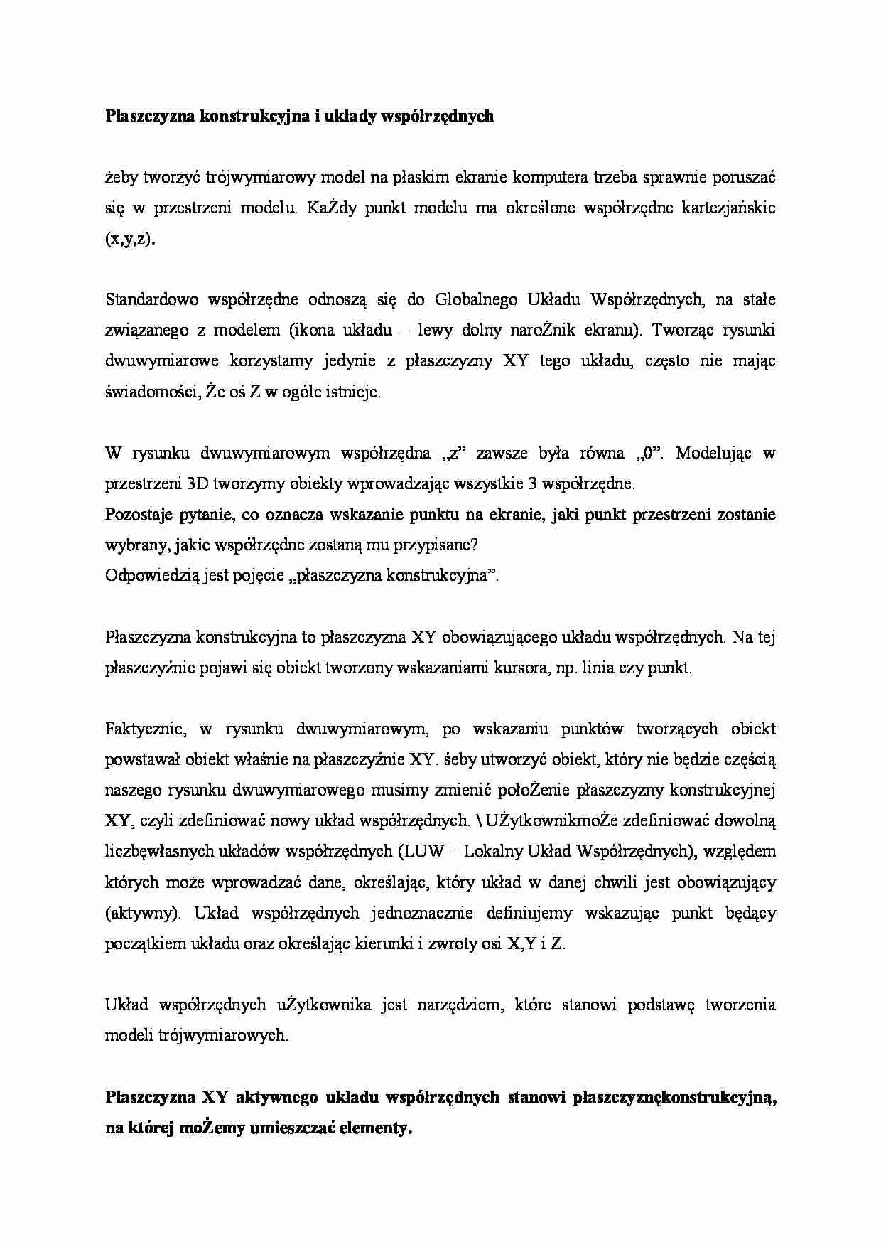 Płaszczyzna konstrukcyjna i układy współrzędnych - omówienie  - strona 1