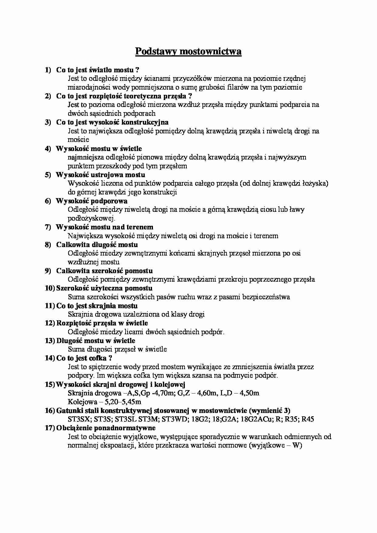 Podstawy Mostownictwa - Pytania egzaminacyjne part 1 - strona 1