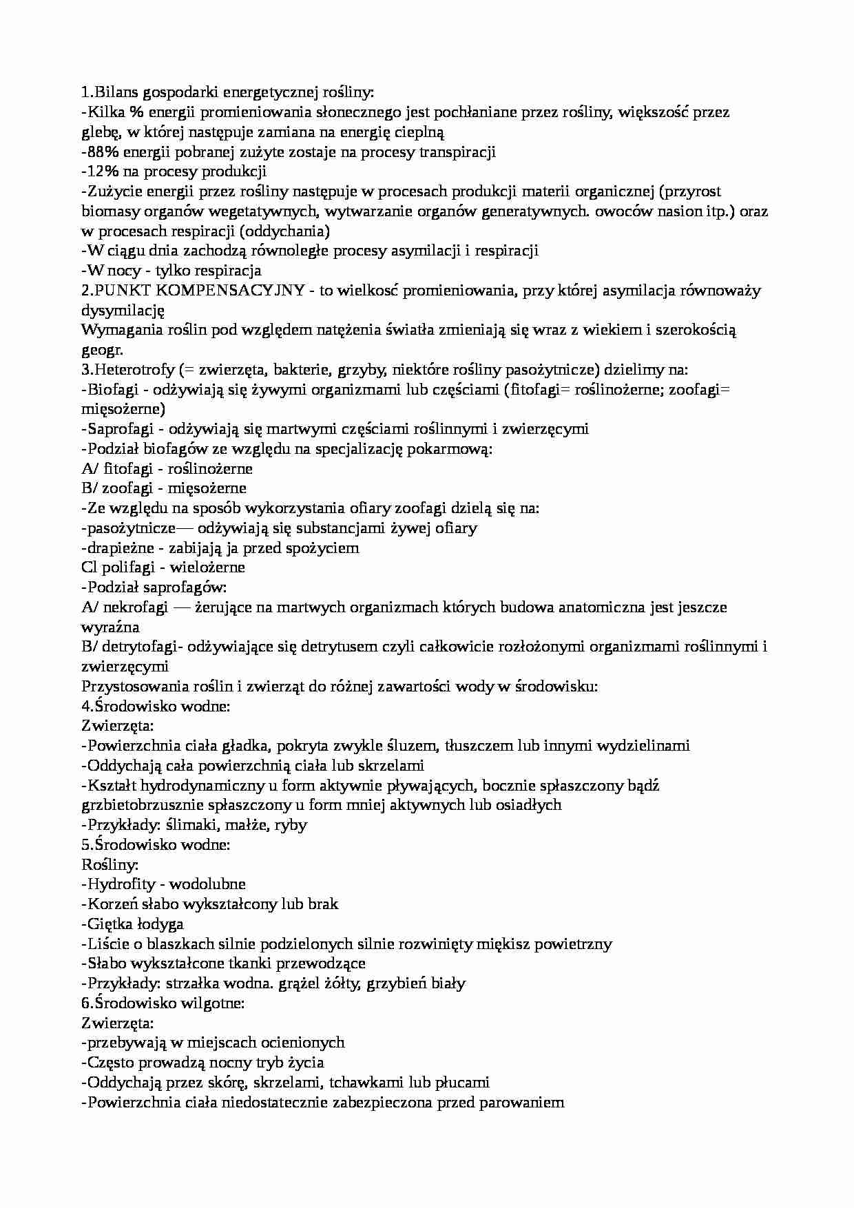Ekologia - Bilans gospodarki energetycznej rośliny - strona 1