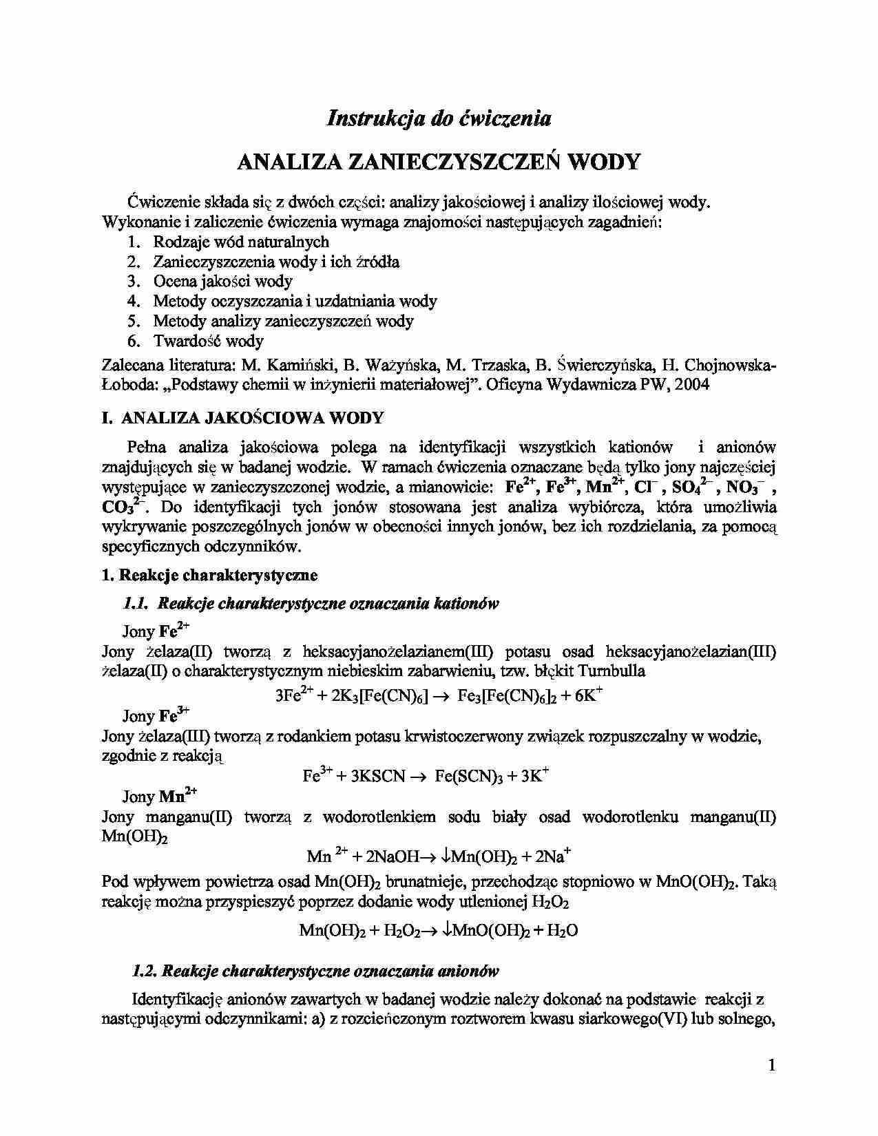 Instrukcja do ćwiczenia I2 - Oznaczanie twardości wody - strona 1
