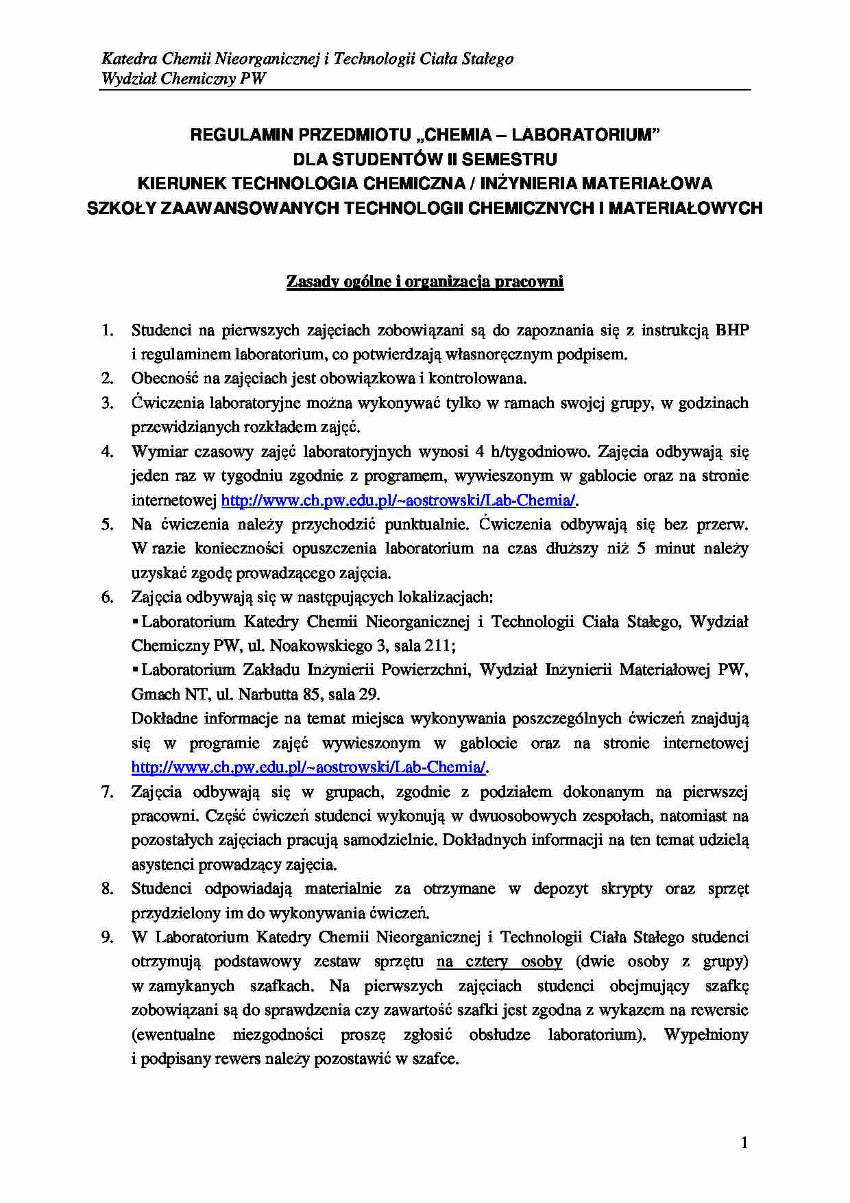 Regulamin Pracowni Chemicznej (TCh, IM)  - strona 1
