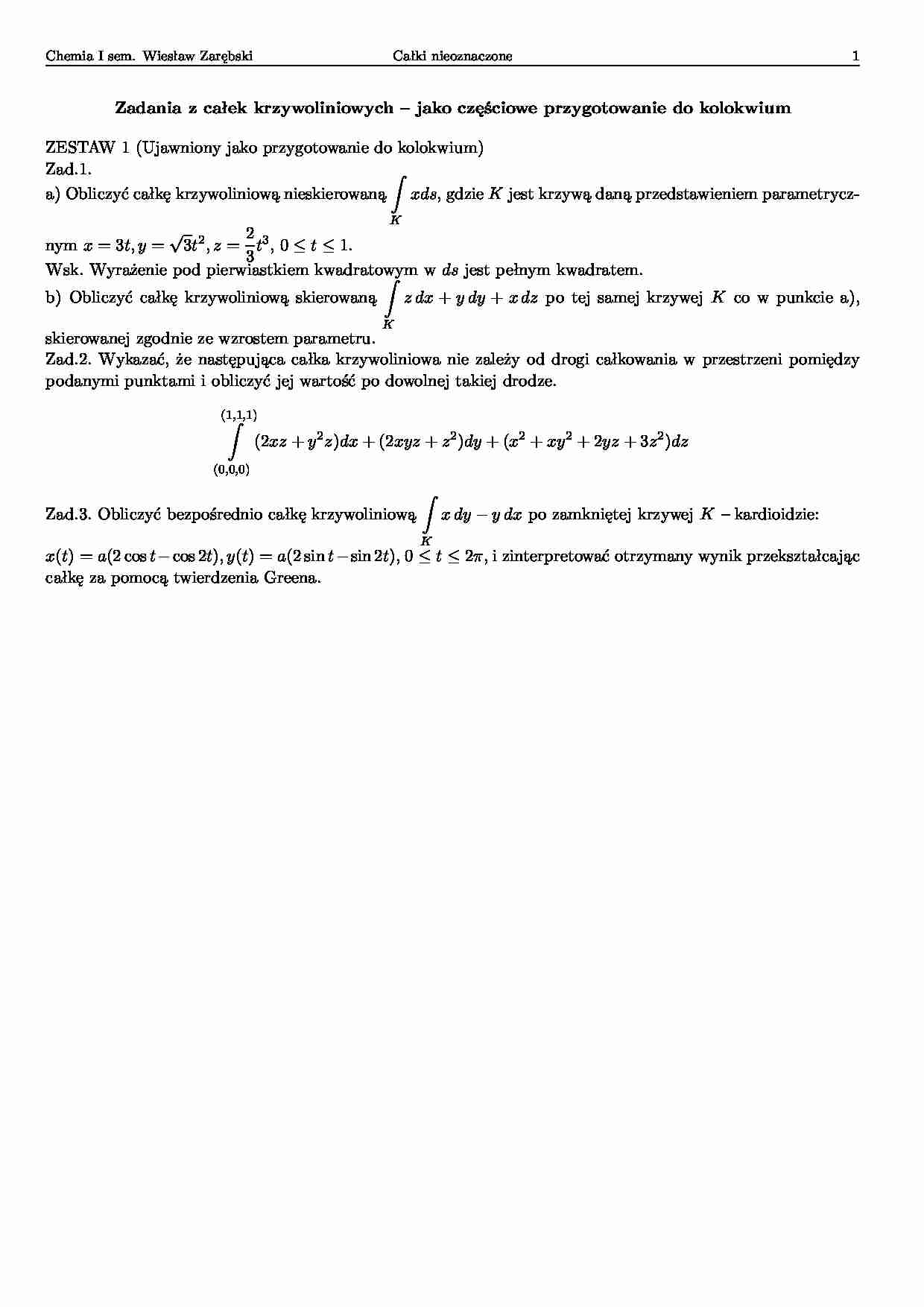  Całki podwójne, potrójne i krzywoliniowe (dodatkowe zadania) - strona 1