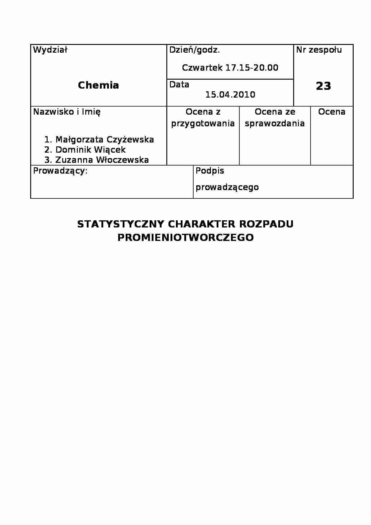 Statystyczny charakter rozpadu promieniotwórczego - omówienie  - strona 1