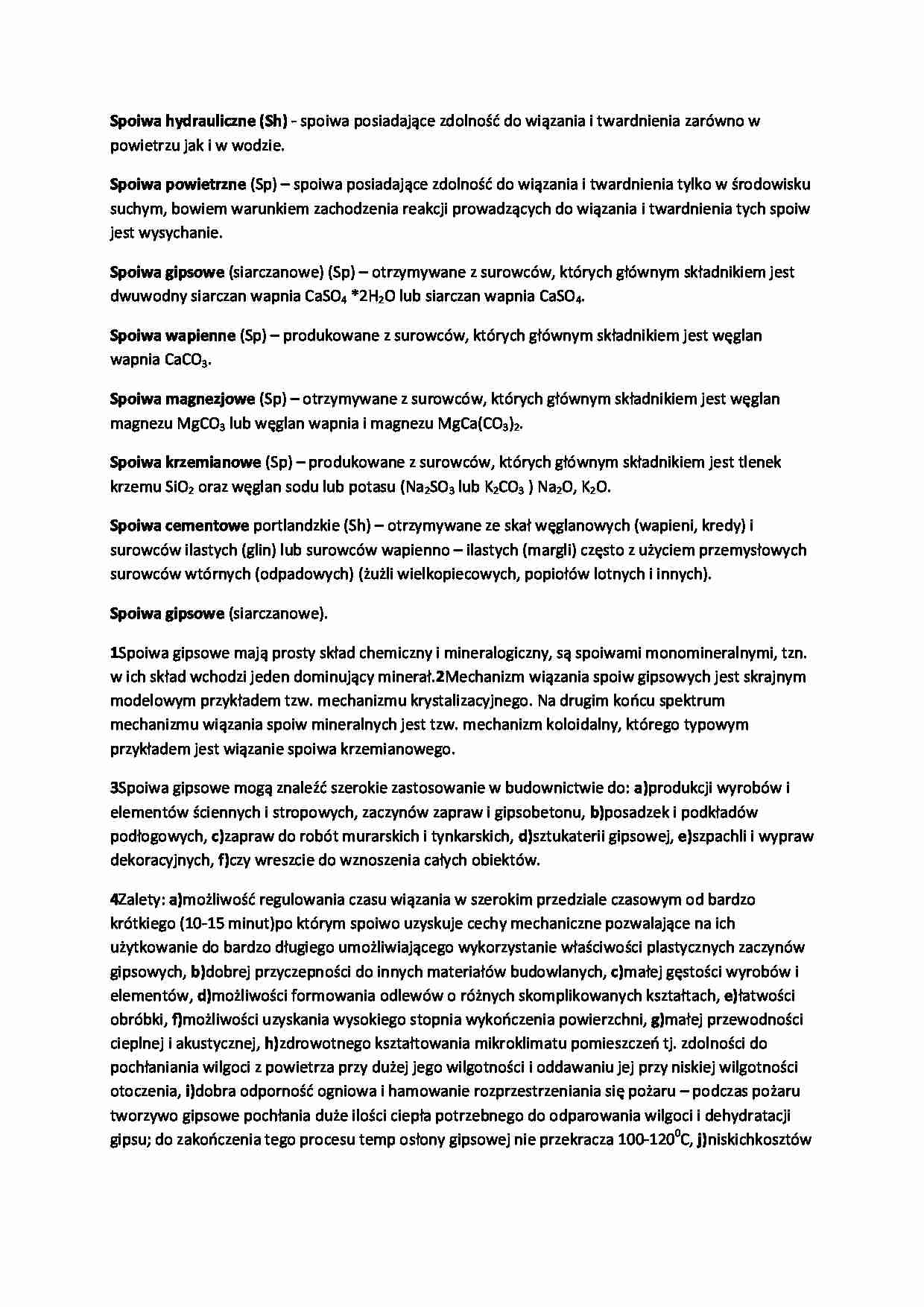 Wykład - rodzaje spoiw - spoiwo gipsowe - strona 1