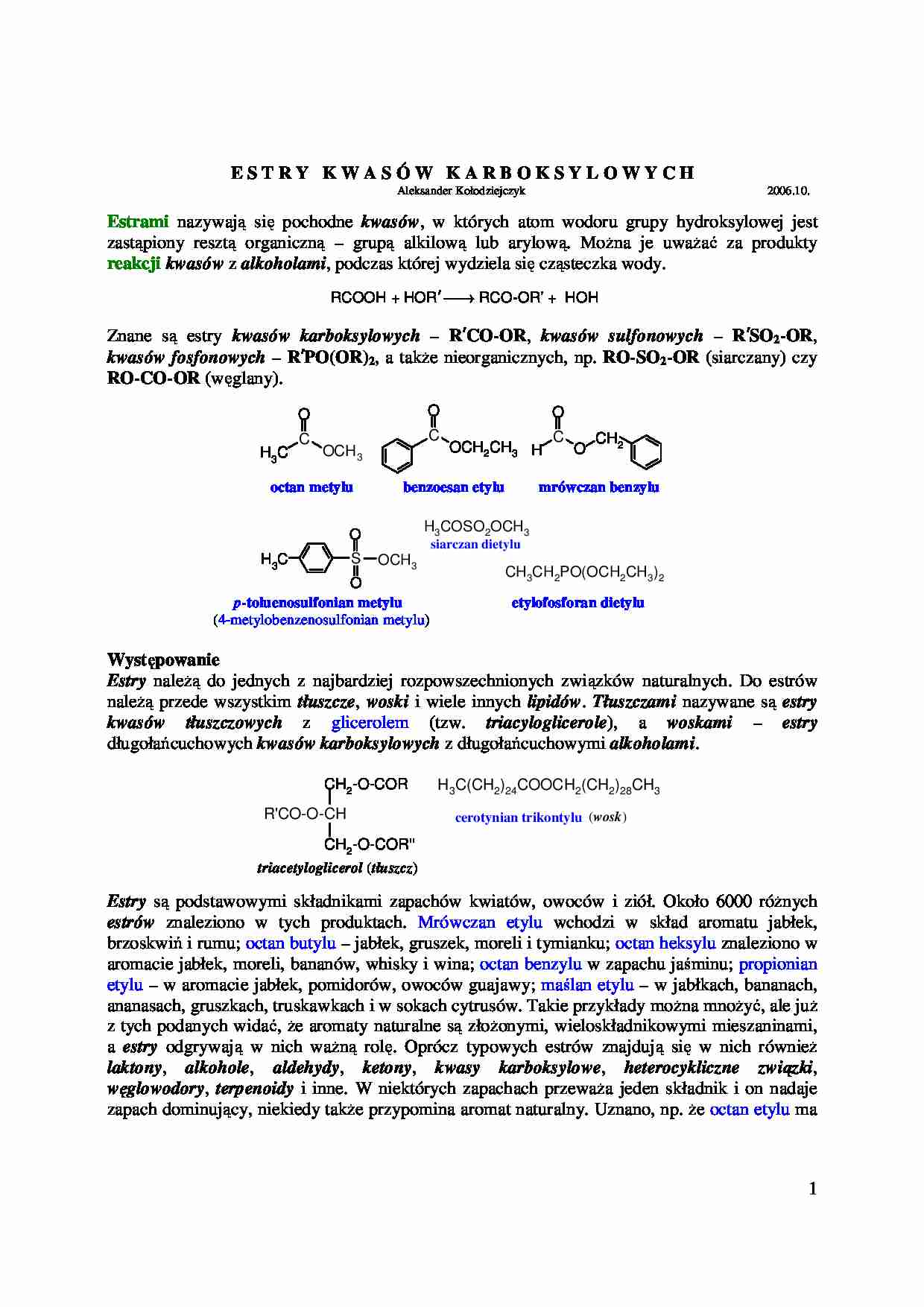 Estry kwasów karboksylowych - omówienie  - strona 1
