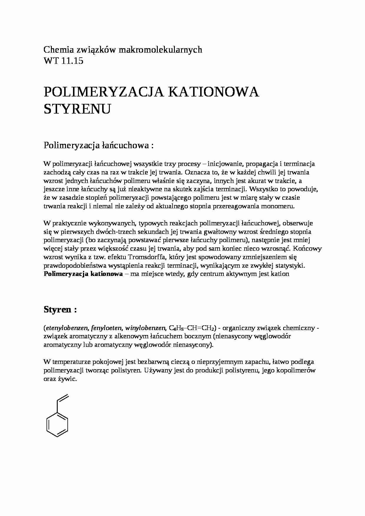 Polimeryzacja kationowa styrenu - omówienie  - strona 1