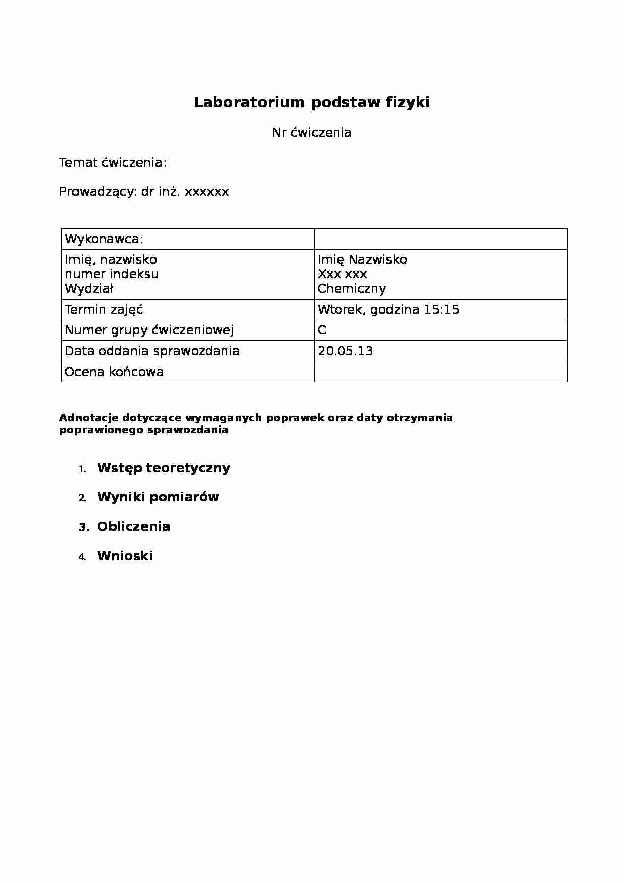 Laboratorium podstaw fizyki - Wzór sprawozdania - strona 1