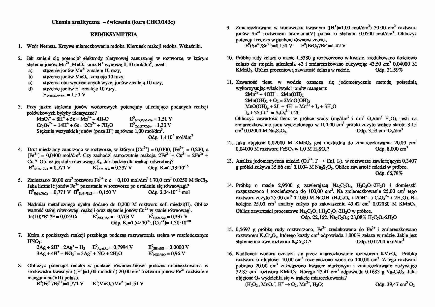Redoksymetria - omówienie - Wzór Nernsta - strona 1