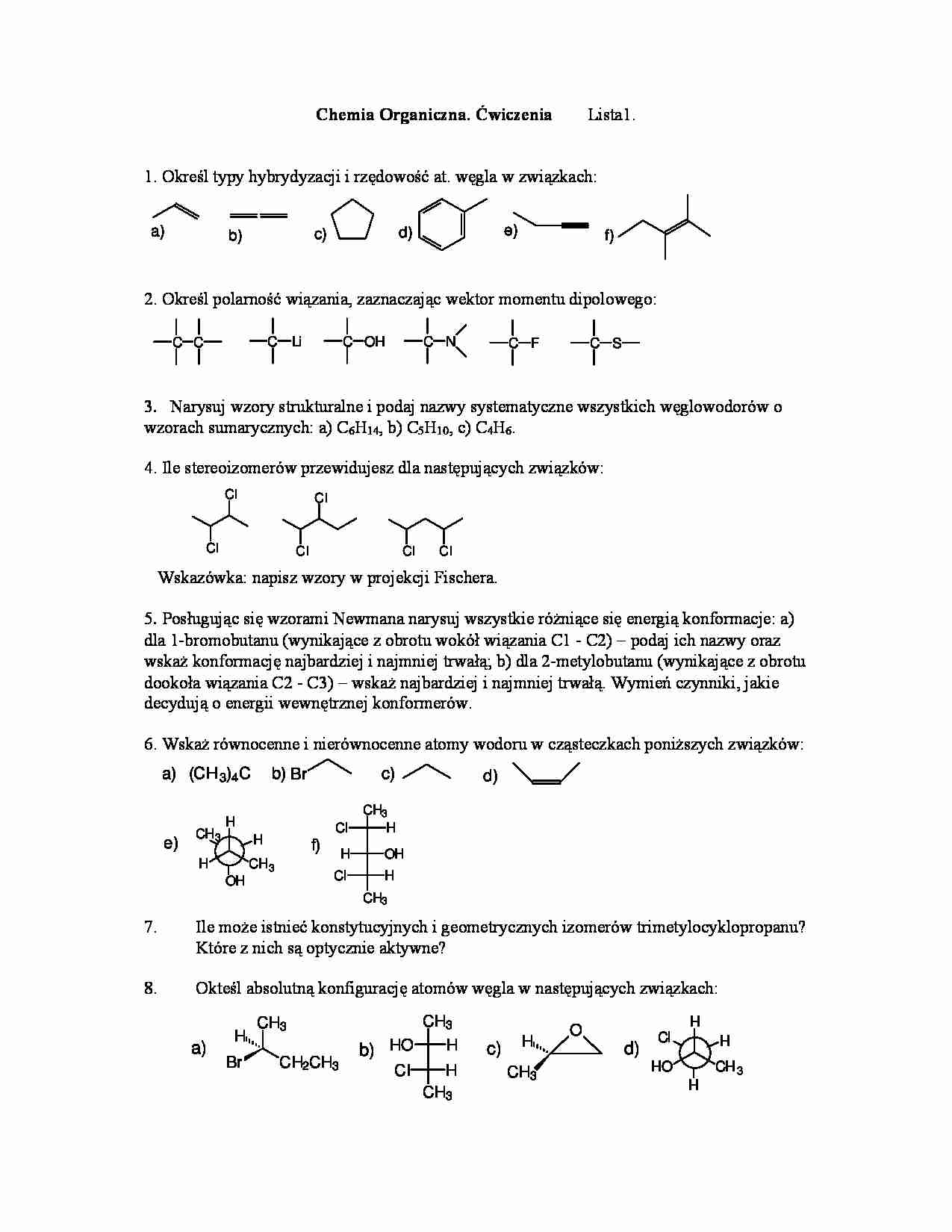 Chemia organiczna - ćwiczenia, lista I - strona 1
