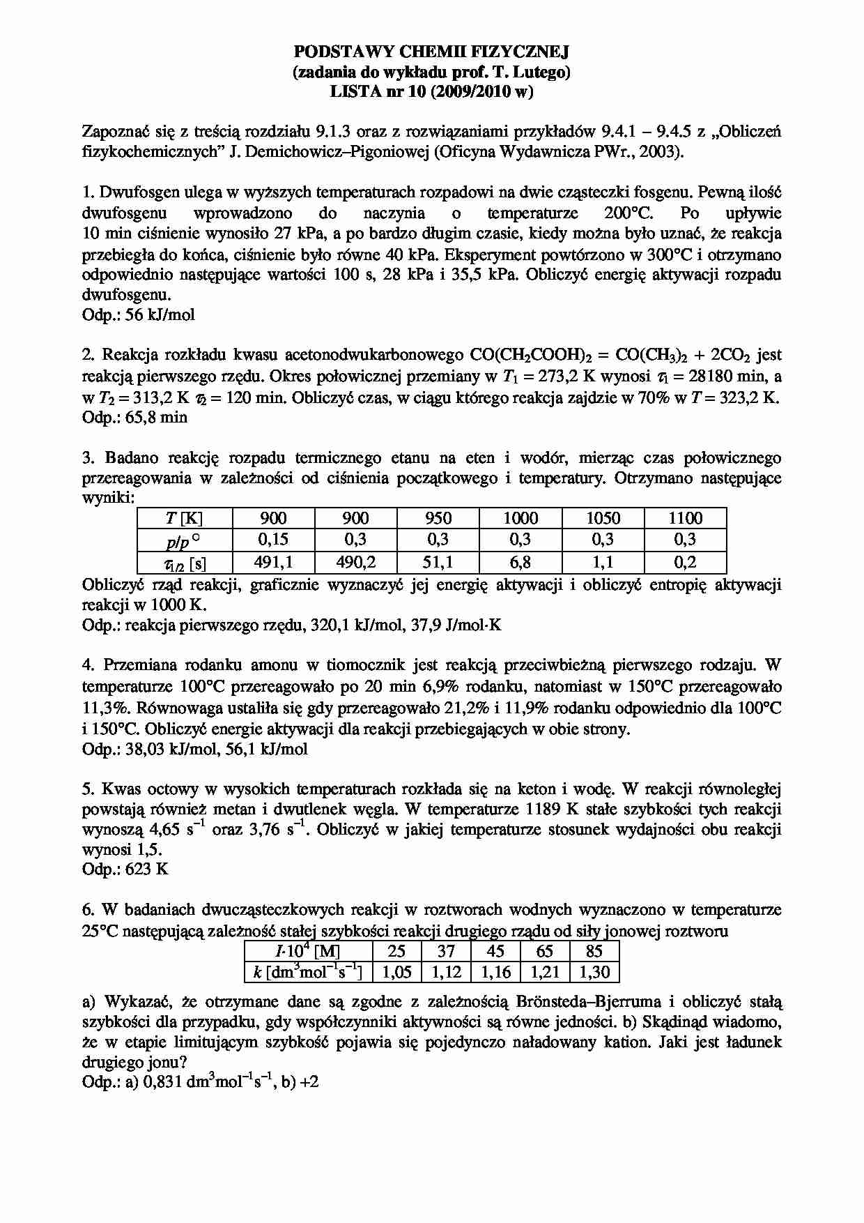 Podstawy chemii fizycznej - lista nr 10 - strona 1