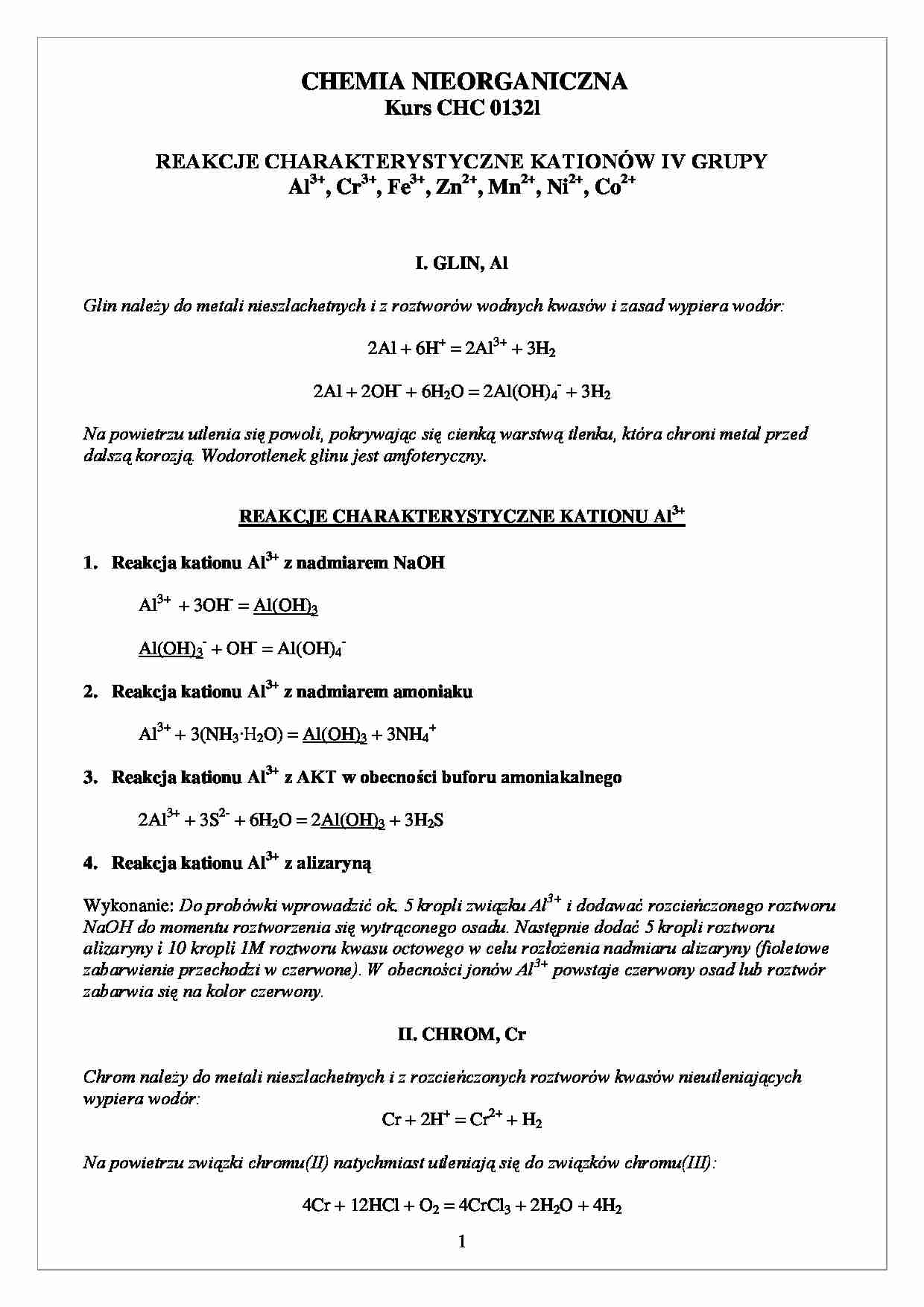 chemia nieorganiczna - reakcje  charakterystyczne kationów  4 - strona 1
