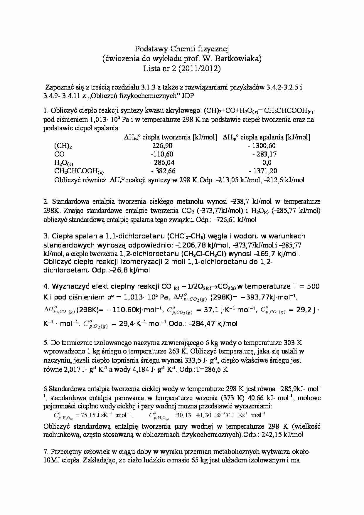 ćwiczenia do wykładu prof. W. Bartkowiaka - strona 1