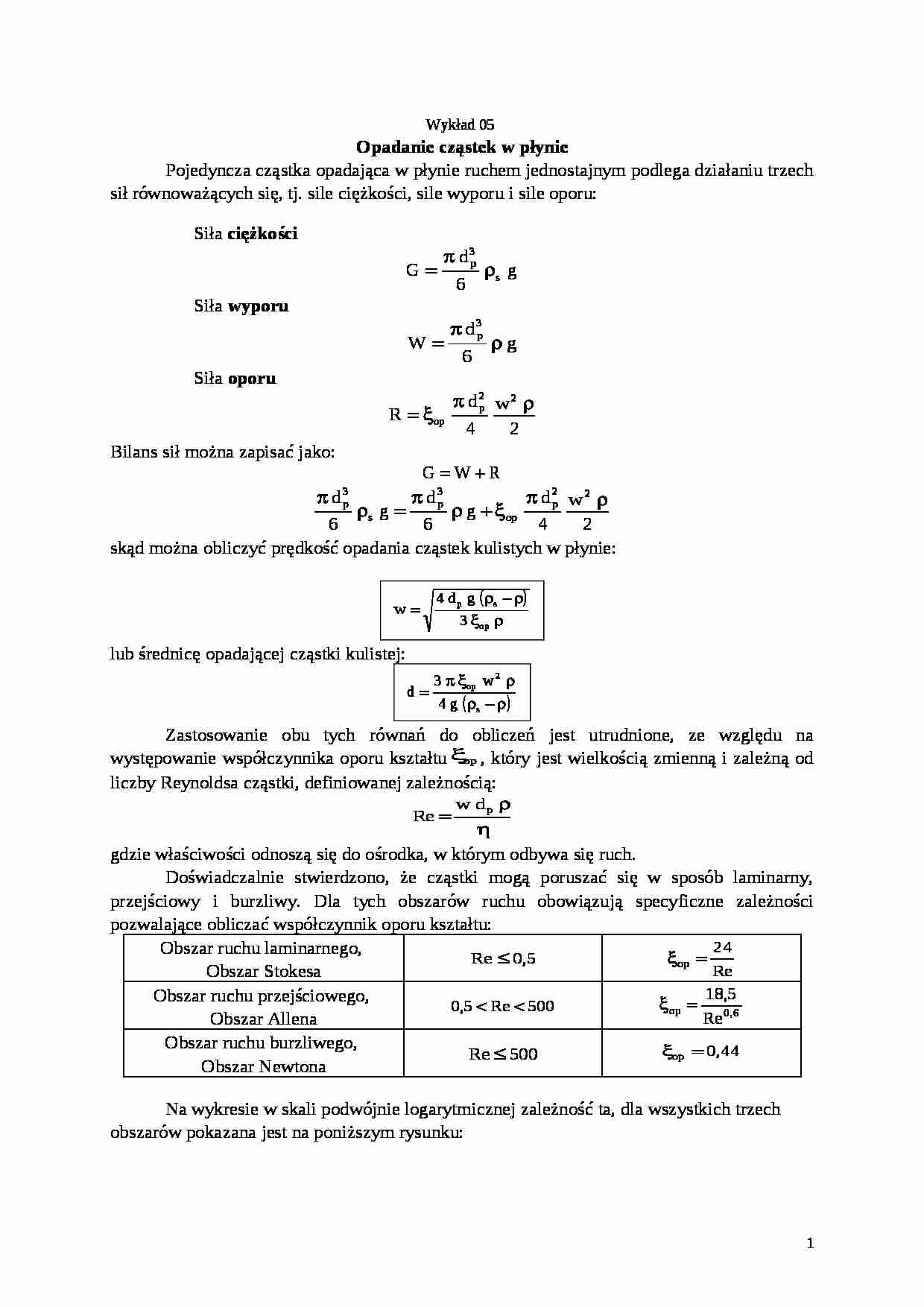Wykład 05 Opadanie i fluidyzacja - strona 1