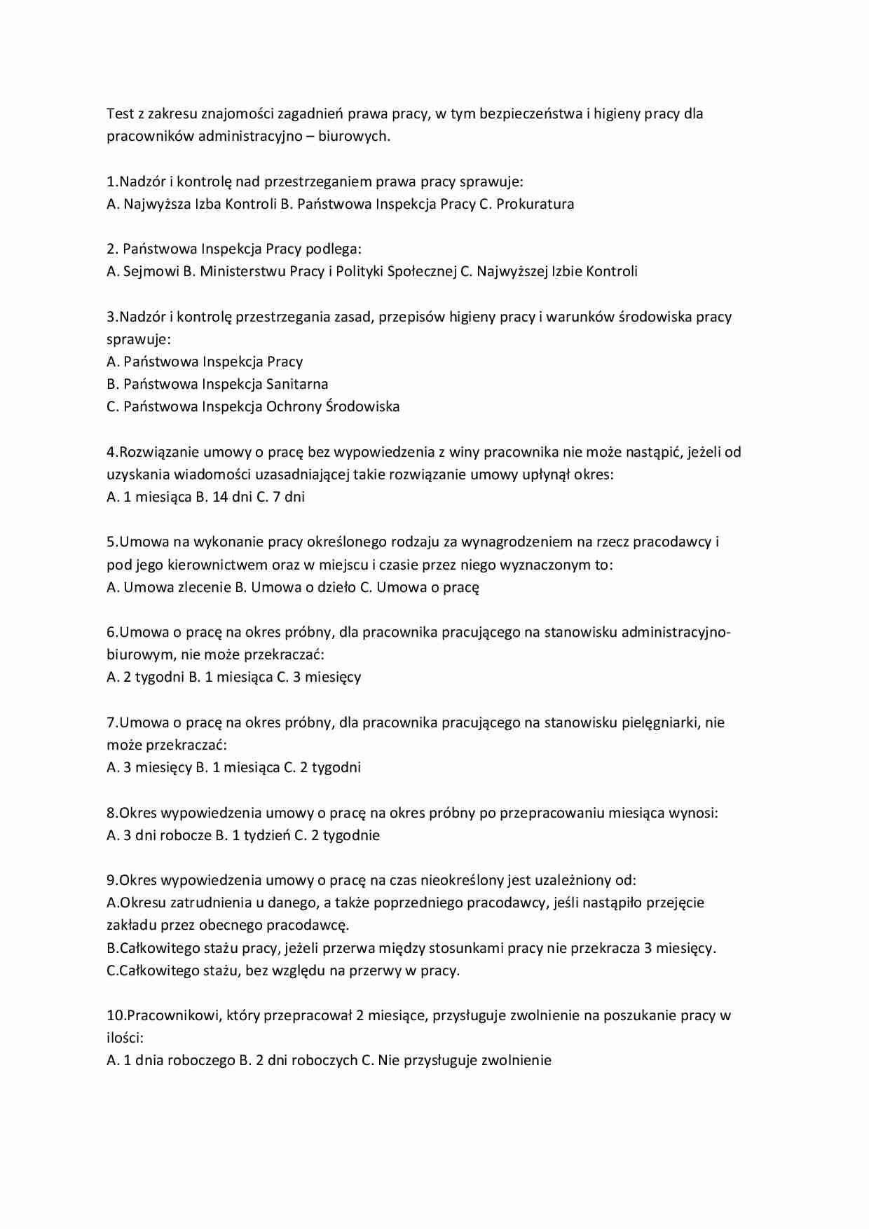 Test z zakresu znajomości zagadnień prawa pracy - strona 1