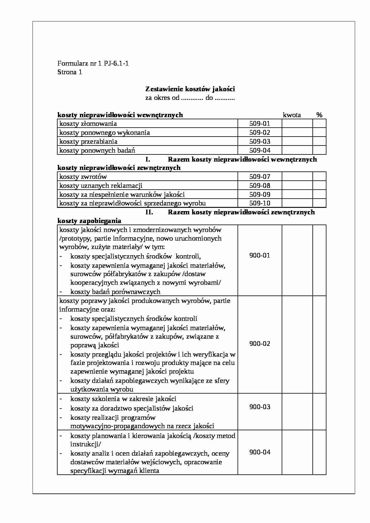 Zestawienie kosztów jakości formularz procedury - strona 1