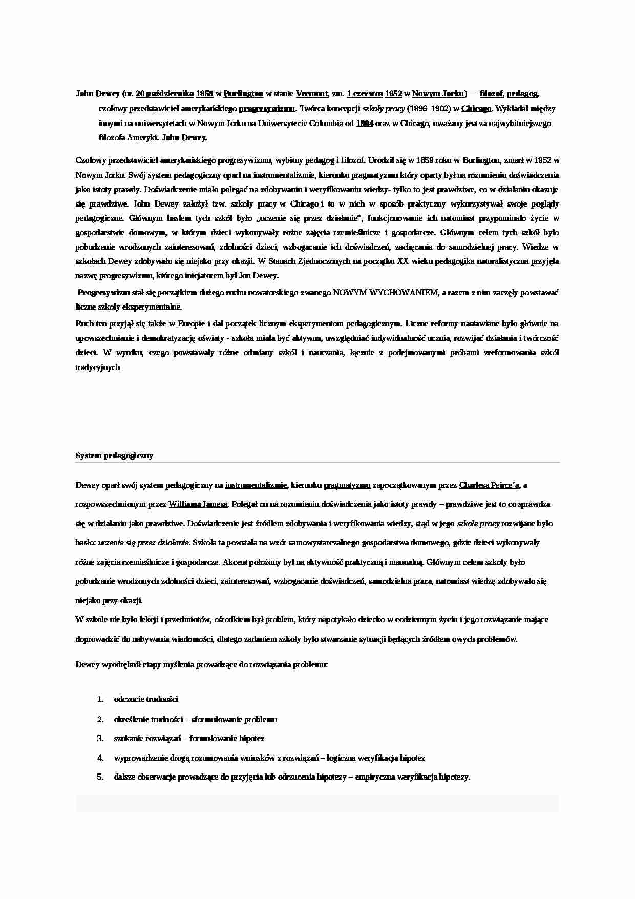 Progresywizm Johna Deweya, pedagogika Marii Montessori i Celestina Freineta - strona 1