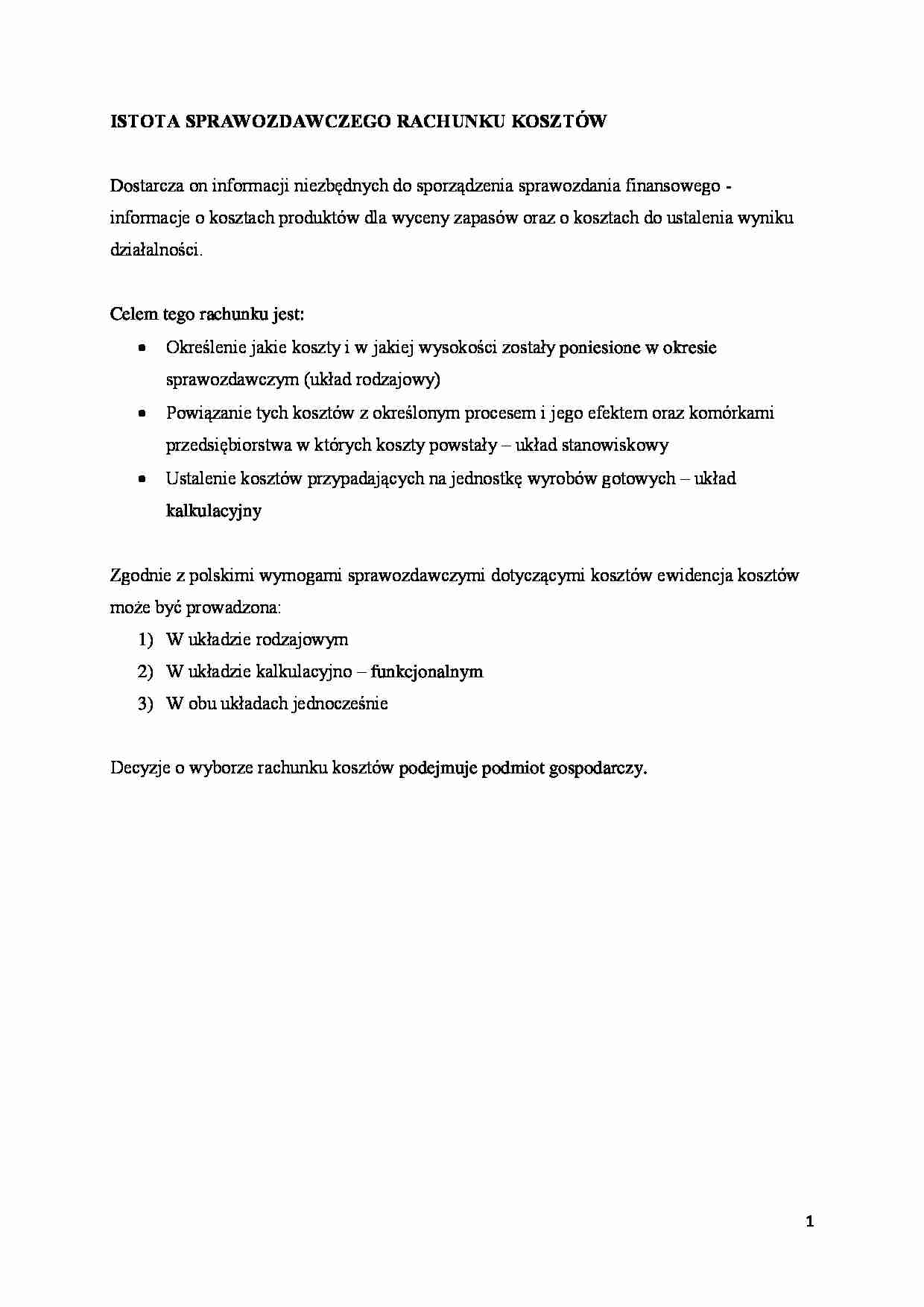 Istota sprawozdawczego rachunku kosztów - omówienie - strona 1