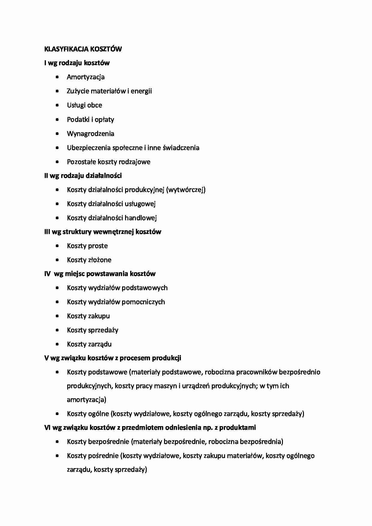 Klasyfikacja kosztów - omówienie - strona 1