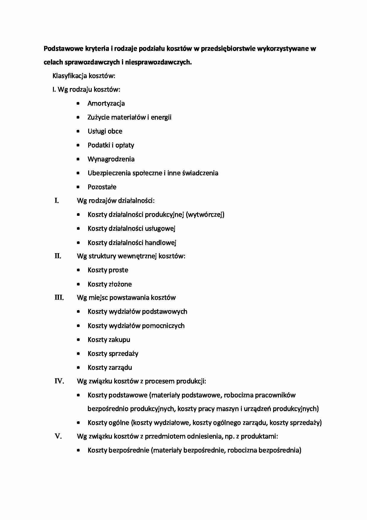 Podstawowe kryteria i rodzaje podziału kosztów - strona 1