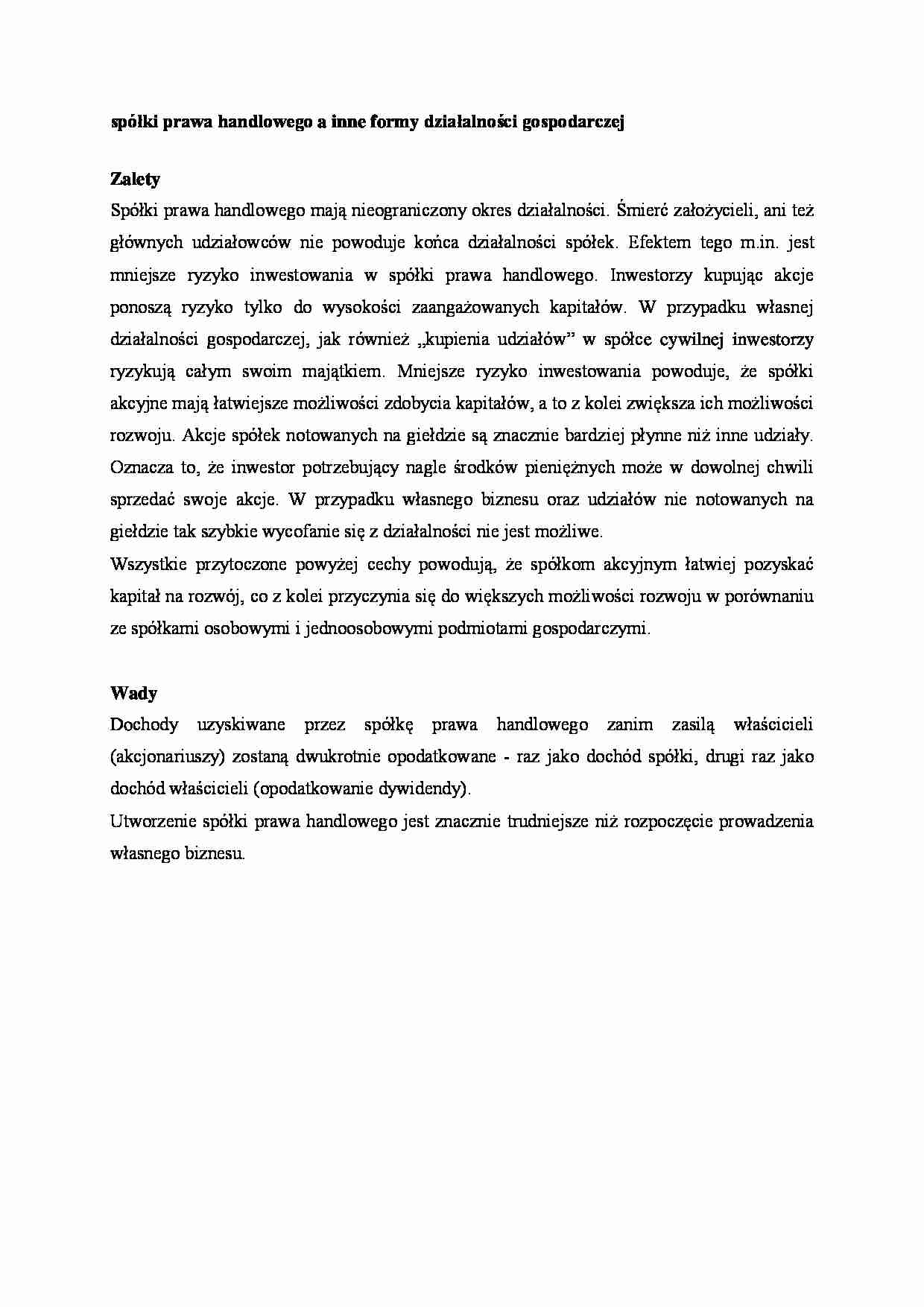 Spółki prawa handlowego a inne formy działalności gospodarczej. - strona 1