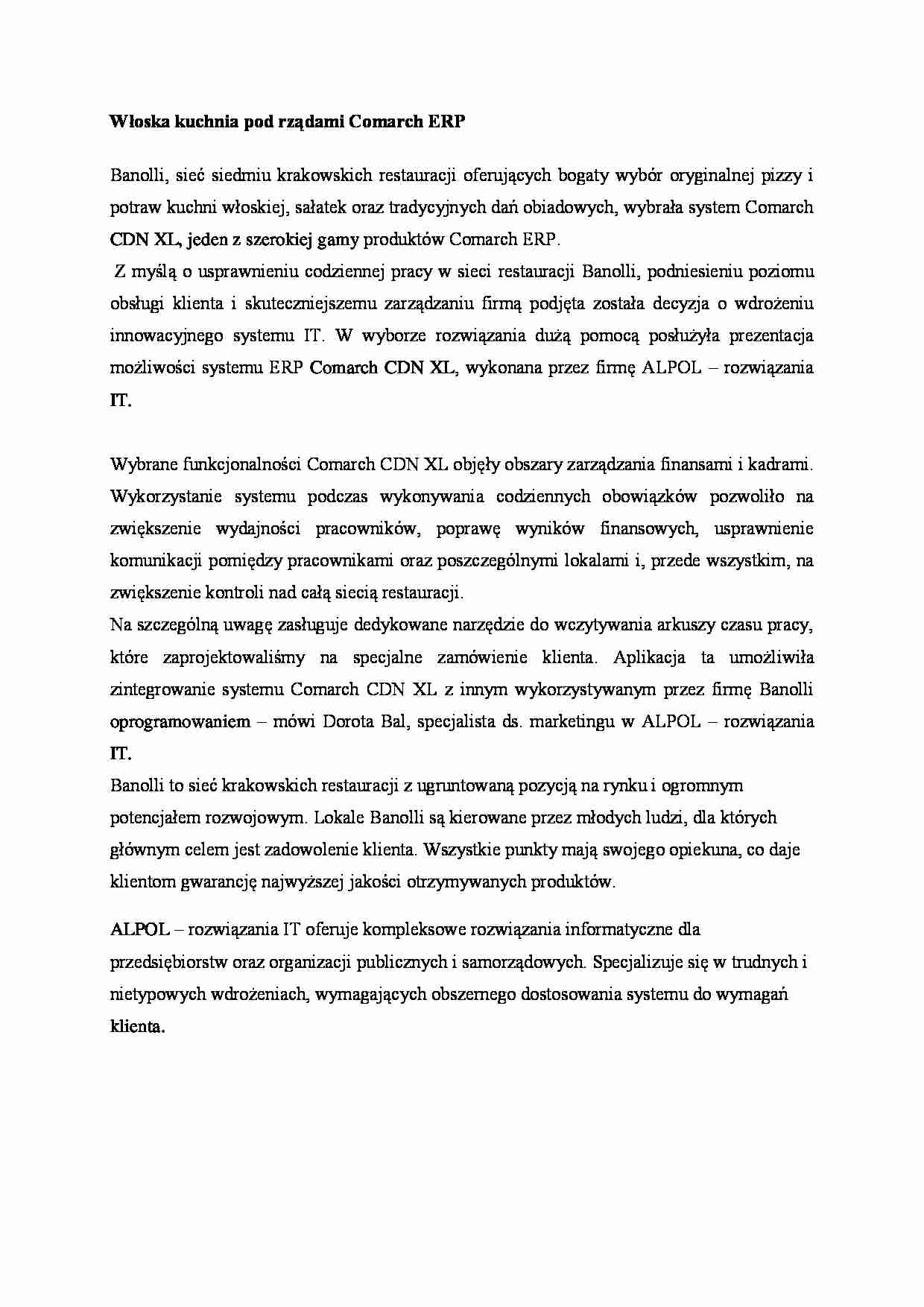Włoska kuchnia pod rządami Comarch ERP - referat - strona 1