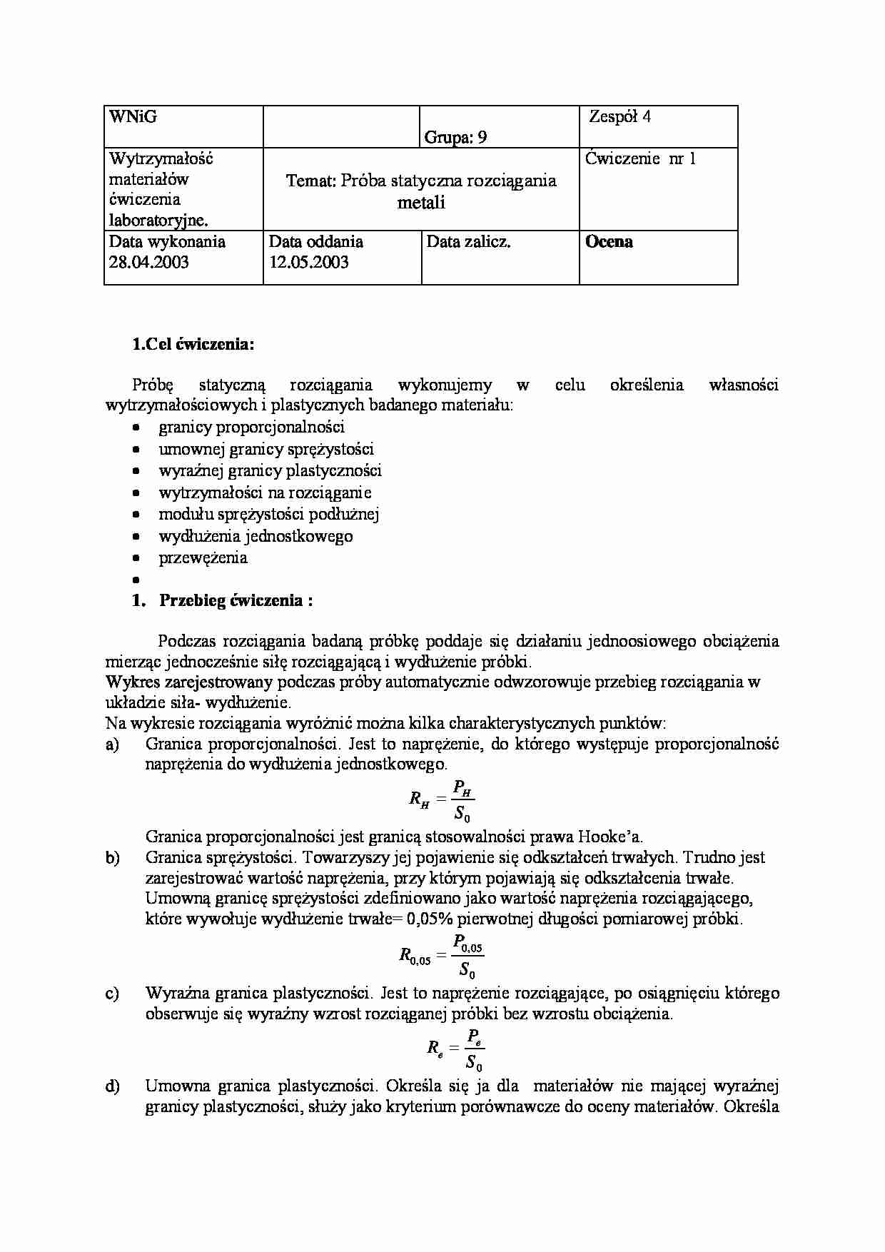 Rozciąganie; wytrzymałość materiałów - sprawozdanie - strona 1