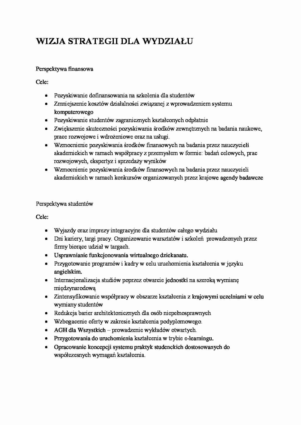 Wizja strategii dla wydziału - zadanie studentów - strona 1