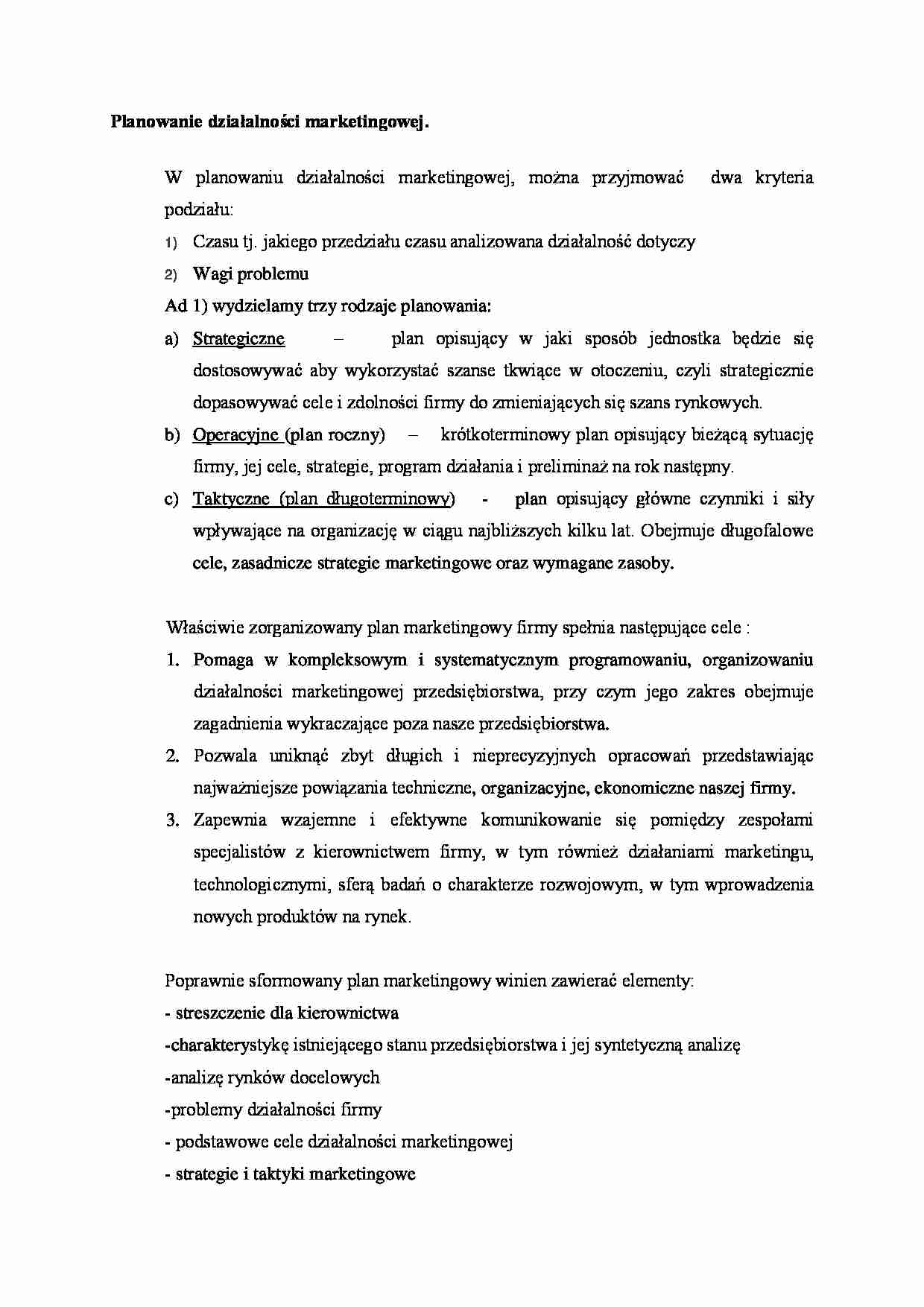 Planowanie działalności marketingowej - omówienie - strona 1