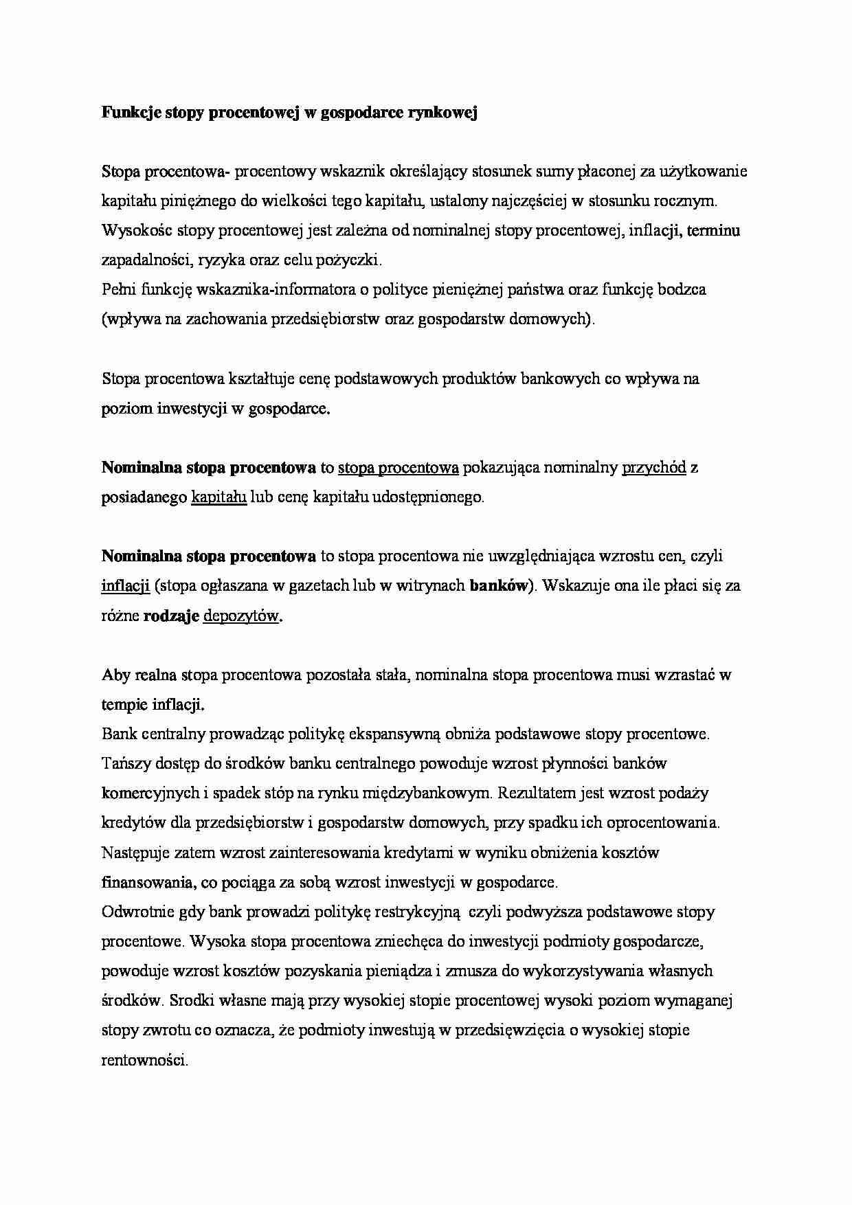 Funkcje stopy procentowej w gospodarce rynkowej - strona 1