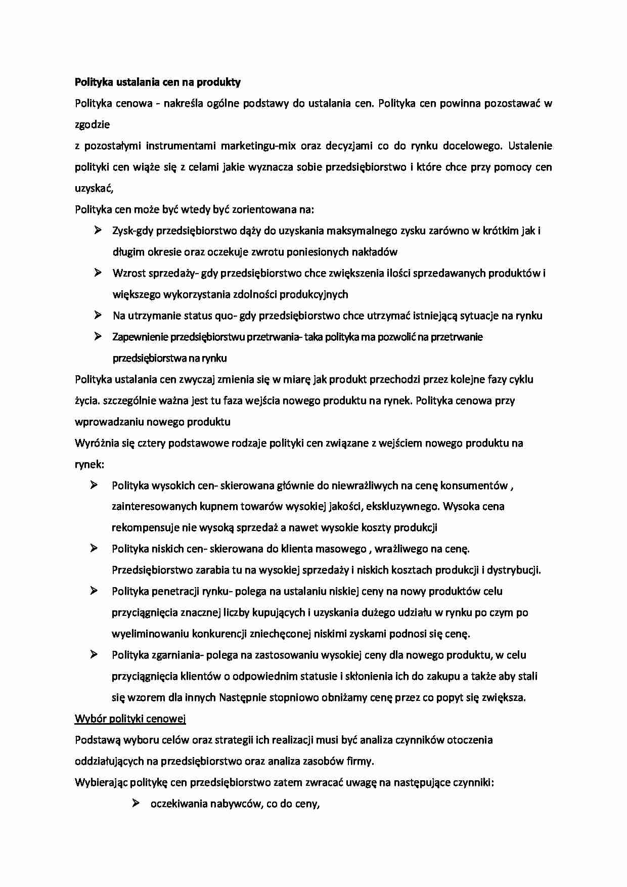 Polityka ustalania cen na produkty - omówienie  - strona 1