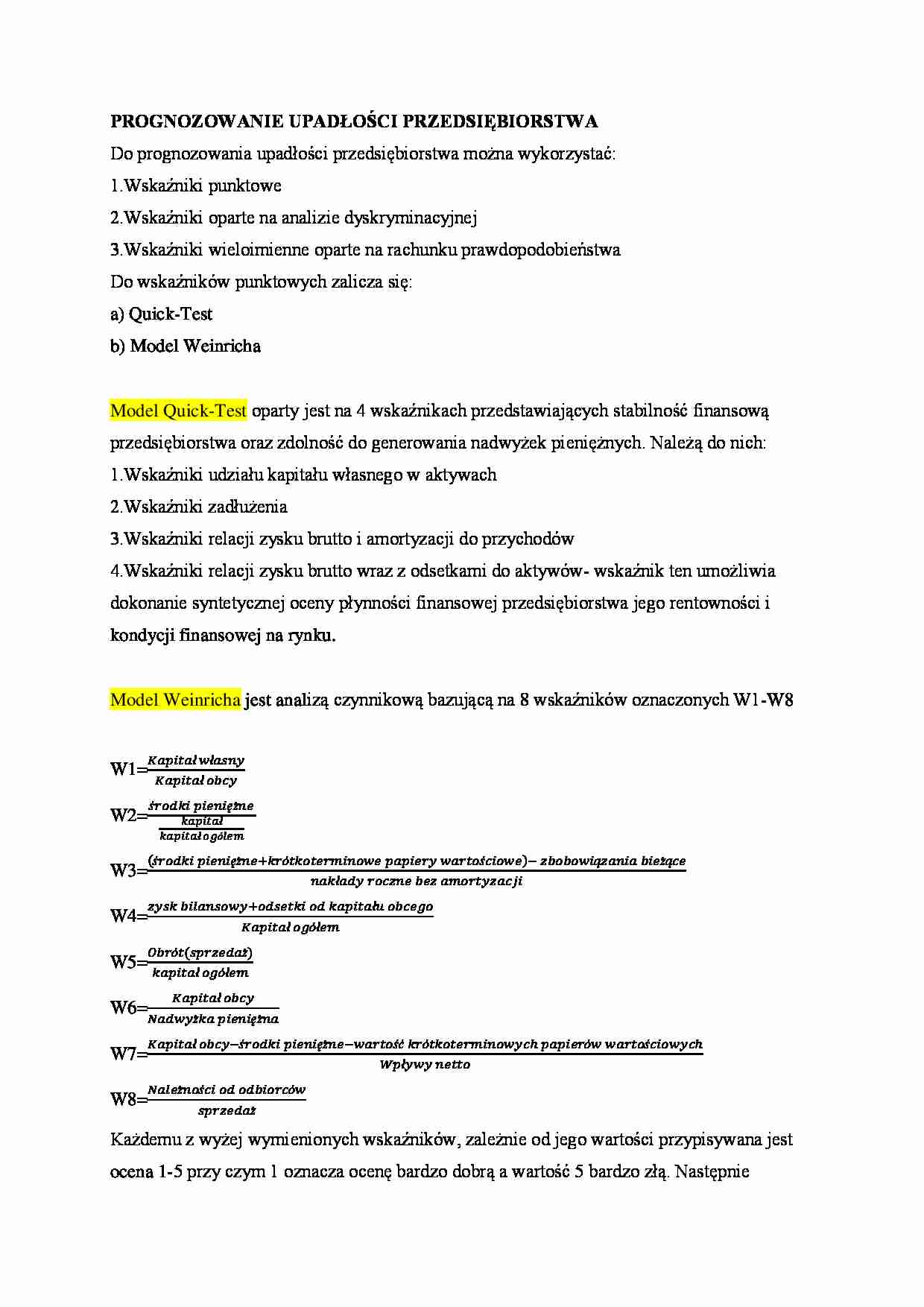 prognozowanie upadłości przedsiębiorstwa - omówienie  - strona 1