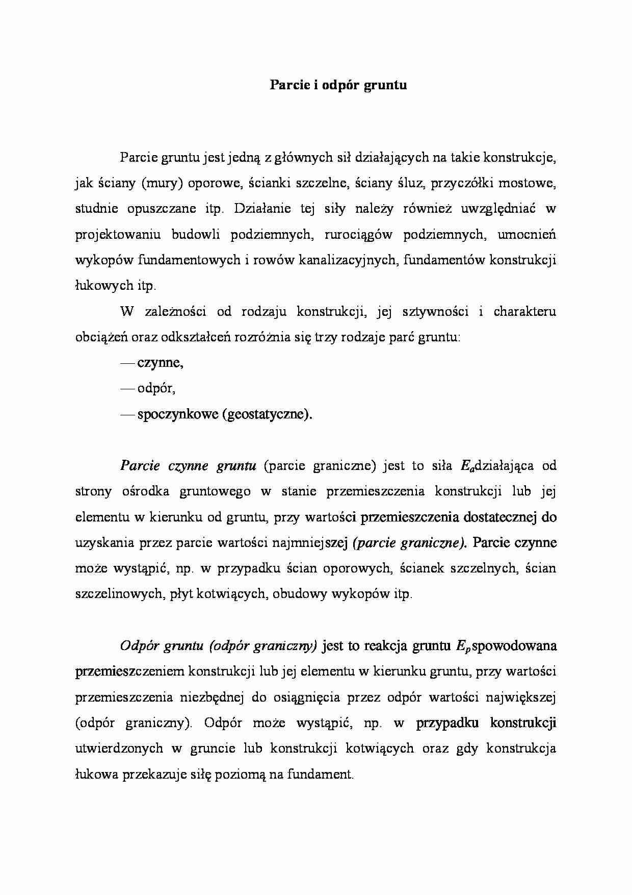 Parcie i odpór gruntu - wykład - strona 1